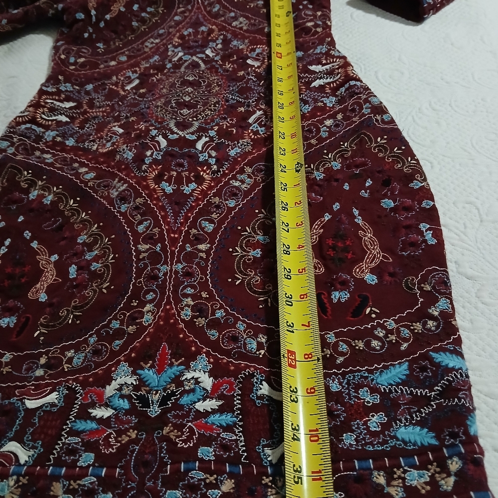 HAUTE HIPPIE dress 3/4 Sleeve MERLOT burgundy Heavily Embroidered Sheath Size 6 - Picture 5 of 15